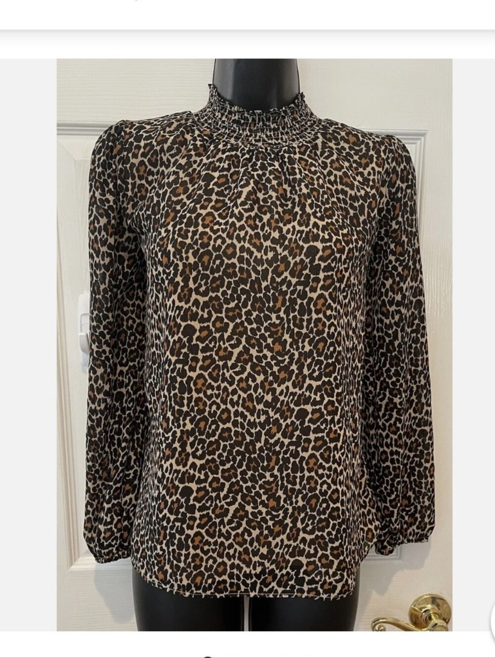 J.Crew Leopard Print Smocked Neck Long Sheer Sleeves Blouse Small